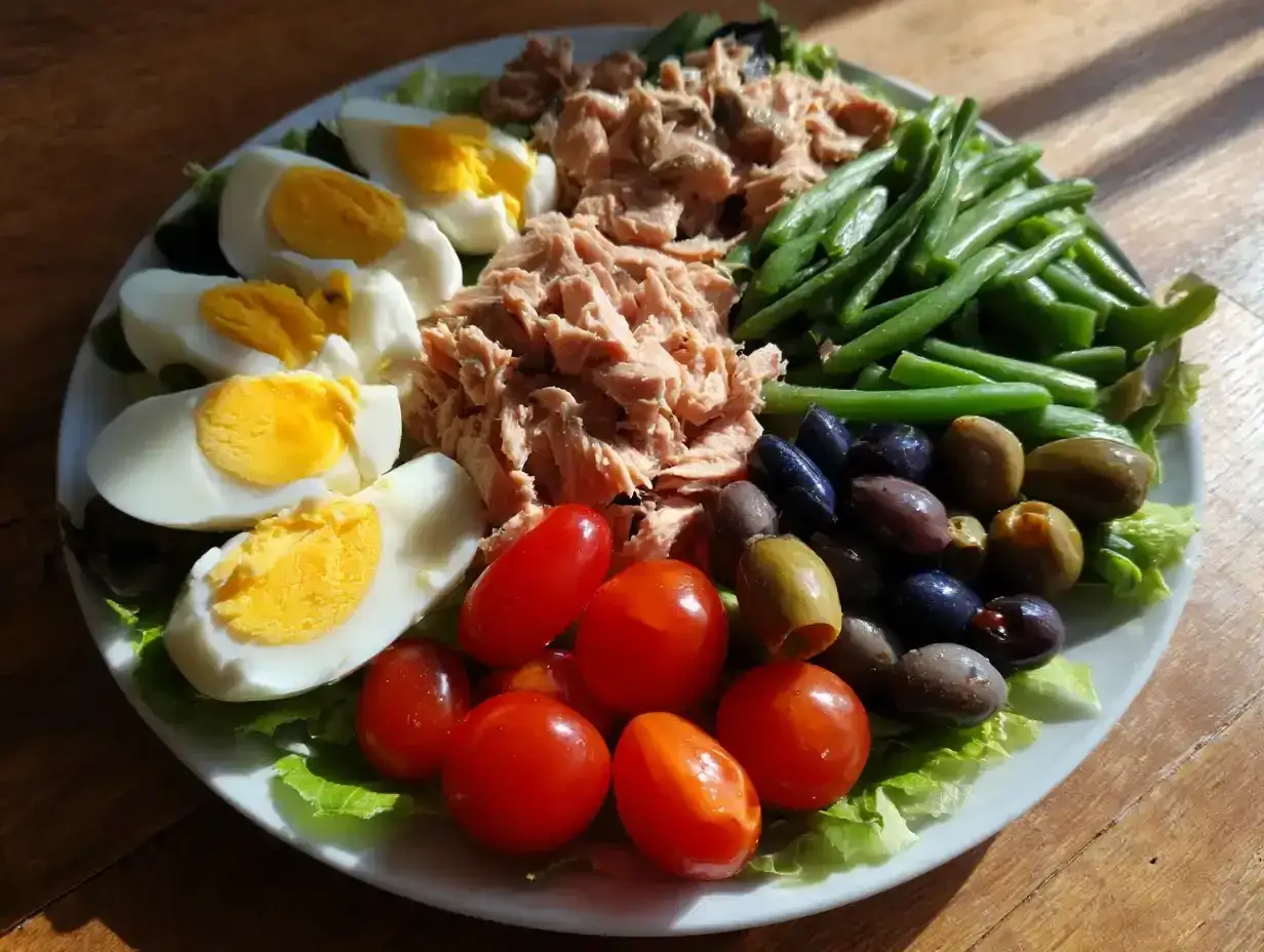 En härlig sallad nicoise med ägg, tonfisk, gröna bönor, oliver och tomater på en bädd av sallad.