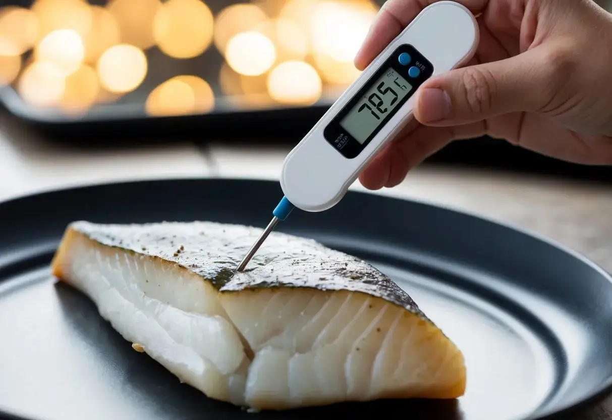 En hand mäter vit fisk med en digital termometer. Temperaturen är 78.5°C, perfekt för en saftig måltid.