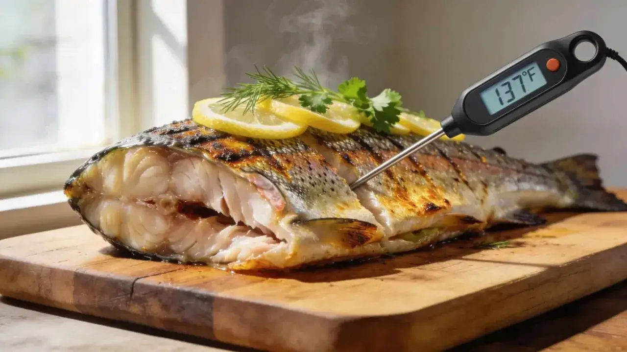 Grillad torskrygg med citron och dill. En digital termometer visar innertemp 137°F, perfekt tillagad.