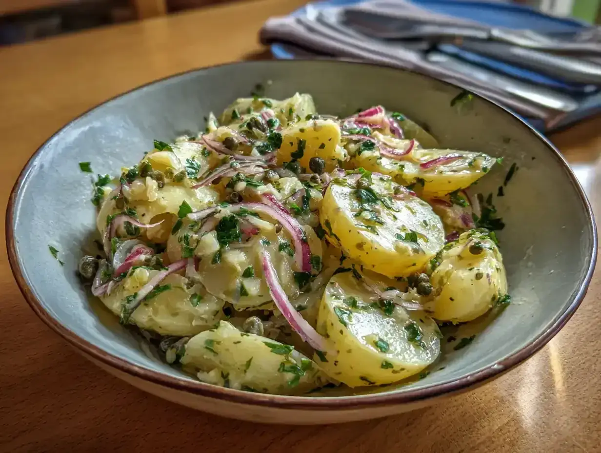 En skål med italiensk potatissallad, full av potatisbitar, rödlök, kapris och färsk persilja, serverad på ett rustikt fat.