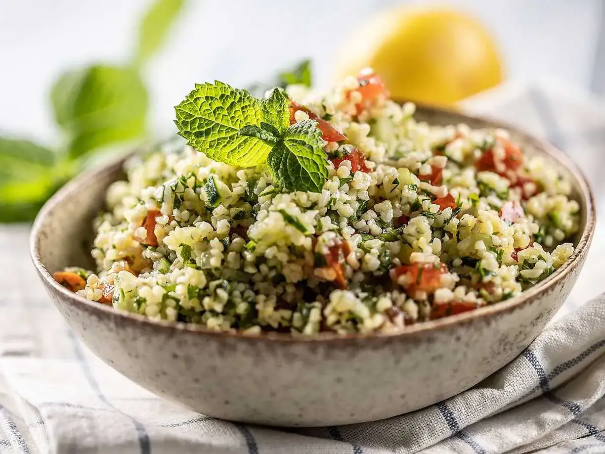 En skål med fräsch tabbouleh, en härlig sallad där man kan koka bulgur med tomater, persilja och mynta.
