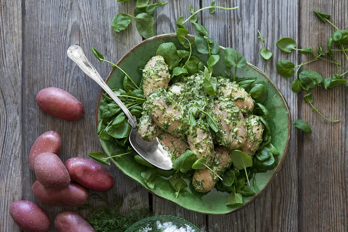 En grön skål med krämig potatis sallad, garnerad med färska örter och serverad med röda potatisar vid sidan.