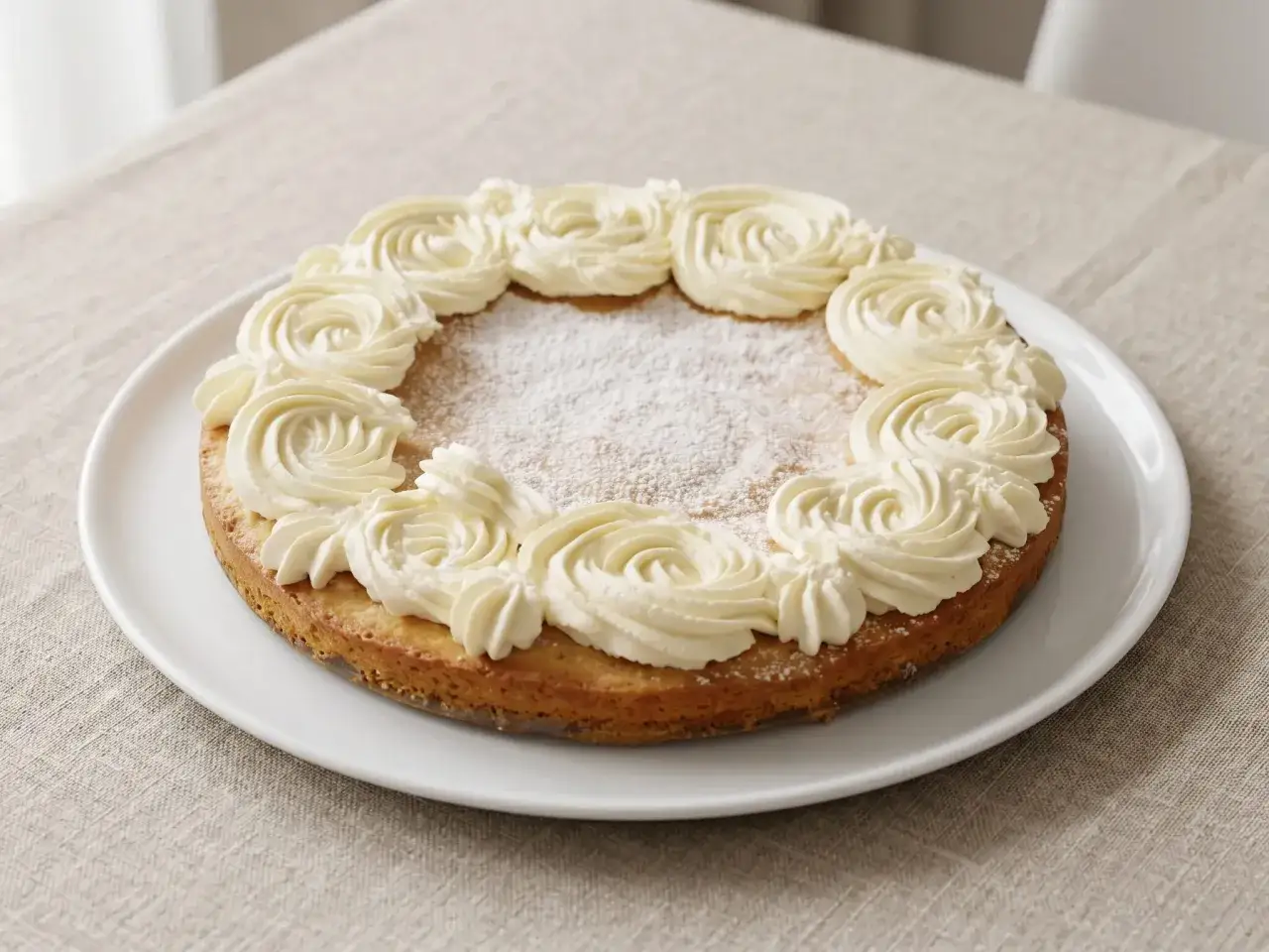 En glutenfri semmelkladdkaka med fluffig grädde runt kanten, pudrad med florsocker.