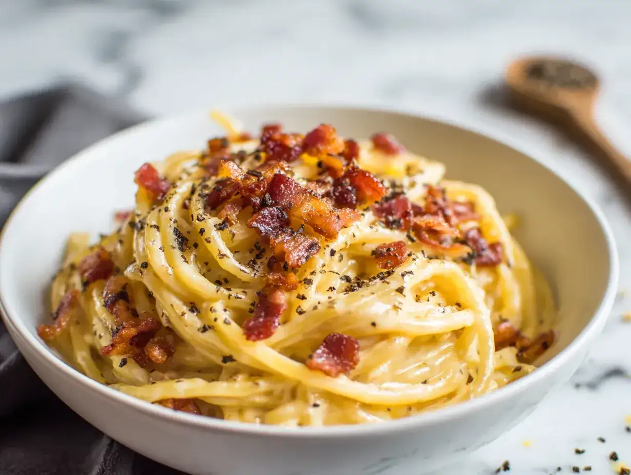 En skål med krämig pasta carbonara toppad med krispigt bacon och nymalen svartpeppar.