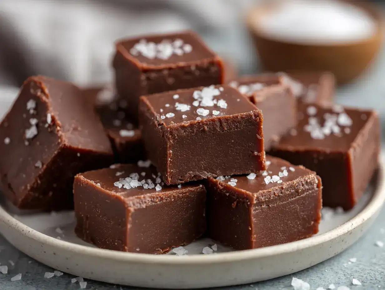En hög med chokladfudge med havssalt. Perfekt fudge temperatur för en härlig smakupplevelse.