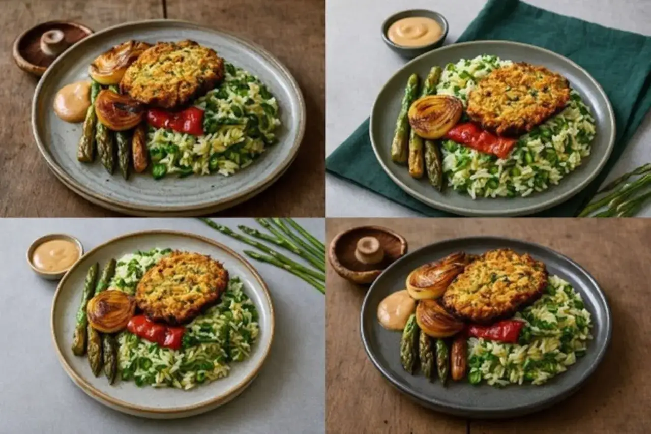 En tallrik med glutenfri mat: krispig biff, ris med grönsaker, sparris och en krämig sås. En perfekt glutenfri mat lista!