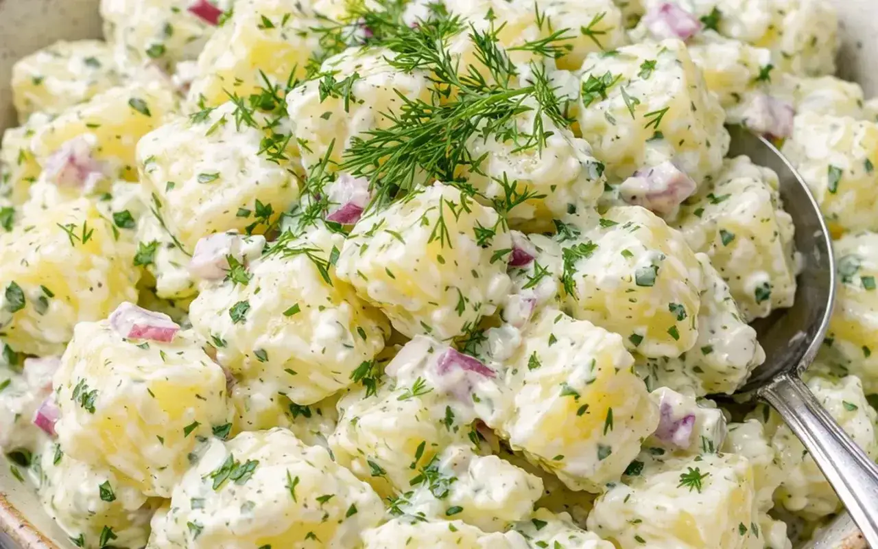 En krämig, hemmagjord potatissallad med dill och rödlök, perfekt till sommarens grillkvällar.
