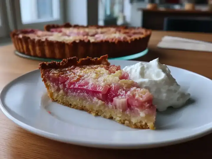 En bit rabarberpaj lchf med vispad grädde. Hela pajen syns i bakgrunden.
